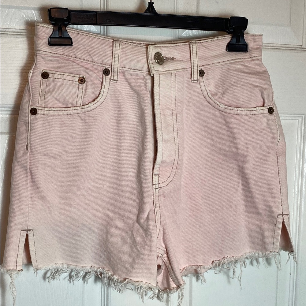 Zara Pale Pink High-Rise Denim Shorts with Frayed Hem Size 4